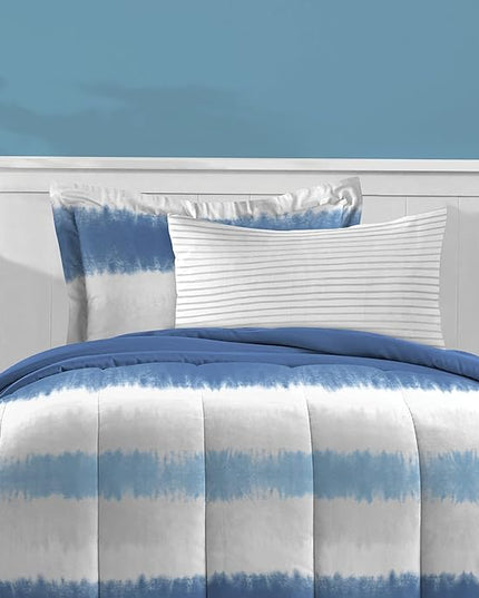 Dream Factory Kids 5-Piece Complete Bed Set Easy-Wash Super Soft Microfiber Comforter Bedding, Twin, Blue Tie Dye Stripe,2D872901BL - LeafyLoom
