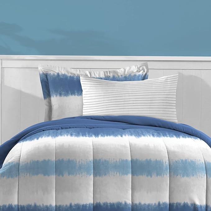 Dream Factory Kids 5-Piece Complete Bed Set Easy-Wash Super Soft Microfiber Comforter Bedding, Twin, Blue Tie Dye Stripe,2D872901BL - LeafyLoom