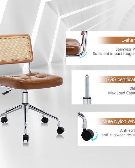 Zesthouse Mid Century Home Office Chair Leather Desk Chair with Rattan Back, Vanity Chair for Girls Women, Upholstered Swivel Chair, Adjustable Height Computer Task Chair - LeafyLoom