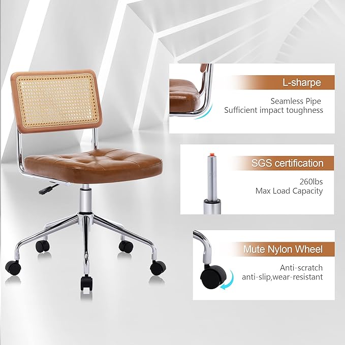 Zesthouse Mid Century Home Office Chair Leather Desk Chair with Rattan Back, Vanity Chair for Girls Women, Upholstered Swivel Chair, Adjustable Height Computer Task Chair - LeafyLoom