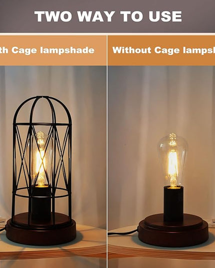 Industrial Table Lamp, Small Touch Control Edison Desk Lamp 3 Way Dimmable Vintage Bedside Lamp with AC Outlet Metal Cage Steampunk Nightstand Lamp for Living Room, Bedroom or Den - LeafyLoom