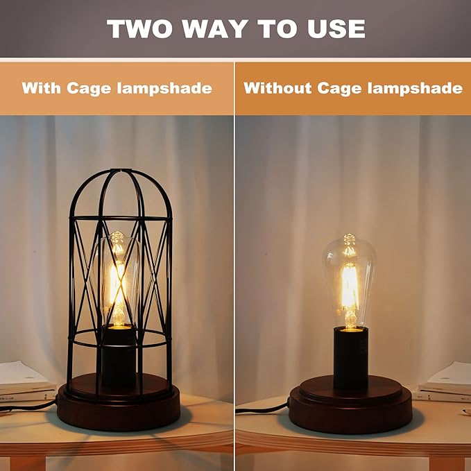 Industrial Table Lamp, Small Touch Control Edison Desk Lamp 3 Way Dimmable Vintage Bedside Lamp with AC Outlet Metal Cage Steampunk Nightstand Lamp for Living Room, Bedroom or Den - LeafyLoom