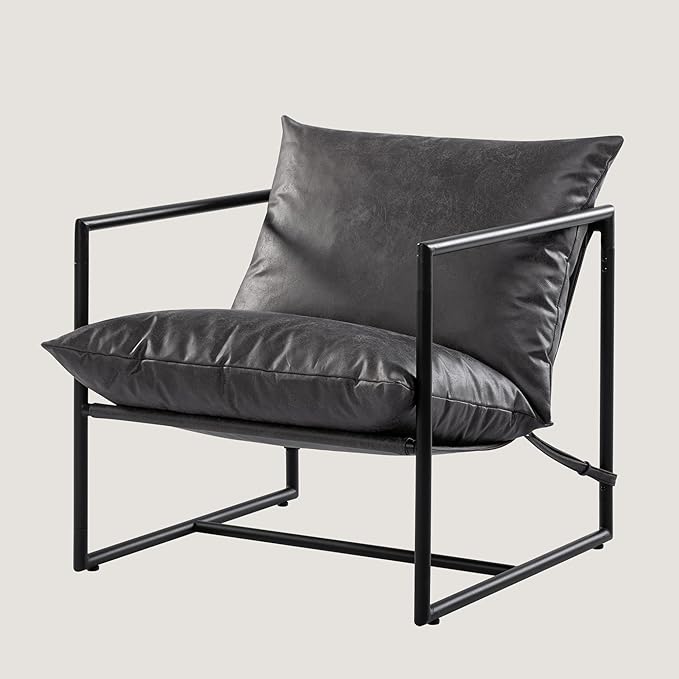 ZINUS Aidan Faux Leather Sling Accent Chair, Metal Framed Armchair with Shredded Foam Cushioning, Slate Grey - LeafyLoom