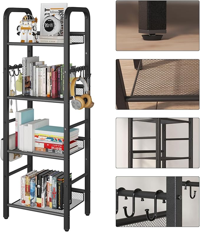YMYNY 4 Tier Bookshelf, Freestanding Bookcase for Living Room, Bedroom, Home Office, Multi-Functional Storage Rack Organizer, Display Rack with Metal Frame, Rust Resistance, Black, UHBC054B - LeafyLoom