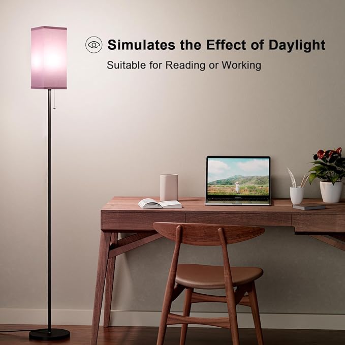 Pink Floor Lamps for Bedroom Modern- 3 Color Temperature Standing Lamps with Pull Chain Switch, Tall Lamp for Office Home Nursery and Hotel, Pole Lamp for Kids Room Reading Girls - LeafyLoom