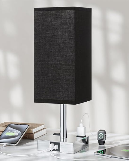 Touch Bedside Table Lamp For Nightstand - 3-Way Dimmable Night Lamp with USB A + Type C Charging Ports and two AC Outlets, Small Desk Light with E26 LED Bulb for Bedroom Living Room Dorm Office,BLACK - LeafyLoom