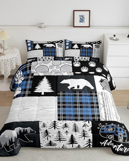 Manfei Bear Paws Comforter Set Twin Size,Pine Trees Geometric Plaids Patchwork Bedding Set for Kids Boys Girls Adults Room Decor,Hunting Adventure Down Comforter,Blue Rustic Duvet Insert,1 Pillowcase - LeafyLoom