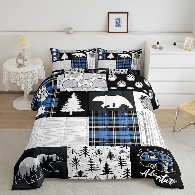 Manfei Bear Paws Comforter Set Twin Size,Pine Trees Geometric Plaids Patchwork Bedding Set for Kids Boys Girls Adults Room Decor,Hunting Adventure Down Comforter,Blue Rustic Duvet Insert,1 Pillowcase - LeafyLoom