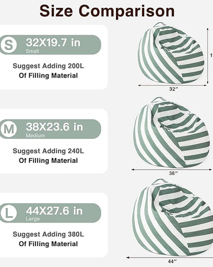 EXQ Home Kids Bean Bag Chairs Cover -Stuffed Animal Bean Bag Storage Green and White Stripes-Zipper Bean Bag for Organizing Children Plush Toys Holiday Gift for Girl,Boys (2XL) - LeafyLoom