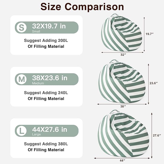 EXQ Home Kids Bean Bag Chairs Cover -Stuffed Animal Bean Bag Storage Green and White Stripes-Zipper Bean Bag for Organizing Children Plush Toys Holiday Gift for Girl,Boys (2XL) - LeafyLoom