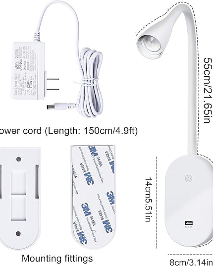 QinYing Reading Lights for Books in Bed, Wall Mounted Book Light for Reading in Bed, USB Charging 5 Dimming Levels Headboard Reading Lamp, Touch Control LED Flexible Gooseneck 4000k Bed Lights, White - LeafyLoom