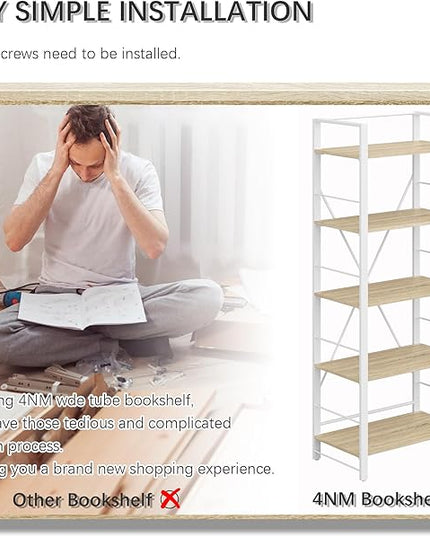 4NM Bookshelf Industrial Bookcase 5 Tier Home Office Adjustable Bookshelves Storage Shelves Organizer Vintage Book shelf Display Rack for Living Room, Bedroom,Home - Natural - LeafyLoom