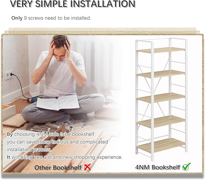 4NM Bookshelf Industrial Bookcase 5 Tier Home Office Adjustable Bookshelves Storage Shelves Organizer Vintage Book shelf Display Rack for Living Room, Bedroom,Home - Natural - LeafyLoom