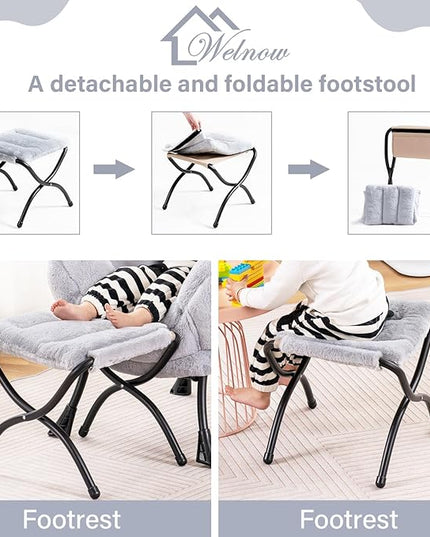 Welnow Toddler Kids Lazy Chair with Ottoman, Accent Comfy Lounge Children Armchair Couch with Armrest and Removable Cover, Detachable Reading Chair with Footrest for Boy or Girl, Plush Grey - LeafyLoom