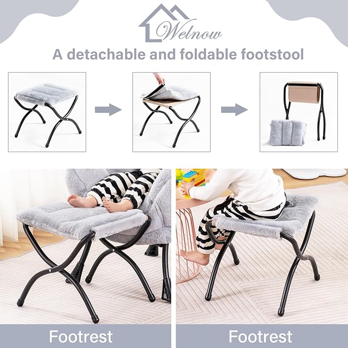 Welnow Toddler Kids Lazy Chair with Ottoman, Accent Comfy Lounge Children Armchair Couch with Armrest and Removable Cover, Detachable Reading Chair with Footrest for Boy or Girl, Plush Grey - LeafyLoom