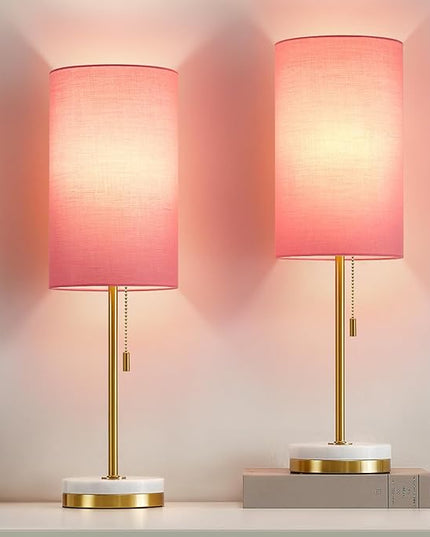 Luvkczc Minimalist Table Lamp Set of 2, Nightstand Lamp for Bedroom Living Room, Modern Pull Chain Bedside Lamp with Marble Base, Fabric Shade, Small Desk Lamp for Home, Office, Reading,Pink - LeafyLoom