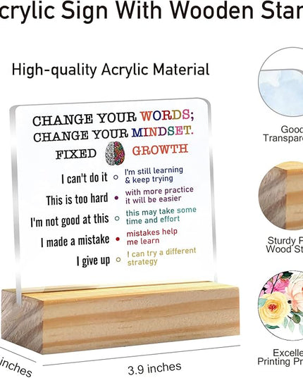 Growth Mindset Gift Change Your Words Change Your Mindset Clear Desk Decorative Sign Keepsake Present Positive Acrylic Plaque with Wooden Stand Sign Desk Decor for Home Office - LeafyLoom