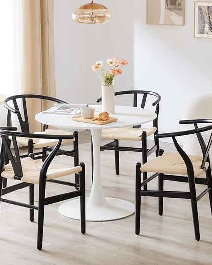 Farini Wishbone Chairs for Dining Room Solid Wood Rattan Chair Armchairs Y Shaped Backrest Hemp Seat for Home Restaurant Fully-Assembled(Set of 2,Black-Beige Seat) - LeafyLoom