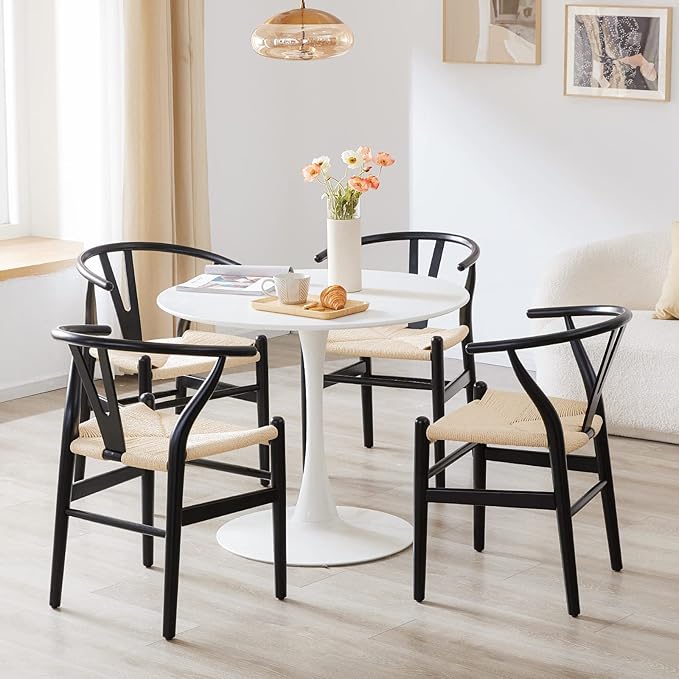 Farini Wishbone Chairs for Dining Room Solid Wood Rattan Chair Armchairs Y Shaped Backrest Hemp Seat for Home Restaurant Fully-Assembled(Set of 2,Black-Beige Seat) - LeafyLoom