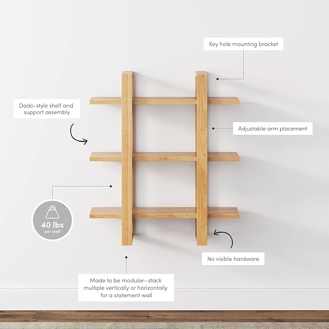 Nathan James Benji Floating Wall Book Shelves, 3-Tier Display Shelf, Decorative Modular Shelf in Solid Wood for Bedroom, Nursery, Bathroom or Kitchen - LeafyLoom