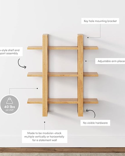 Nathan James Floating Wall Book Shelves, 3-Tier Display Shelf, Decorative Modular Shelf in Solid Wood for Bedroom, Nursery, Bathroom or Kitchen, Set of 2 - LeafyLoom
