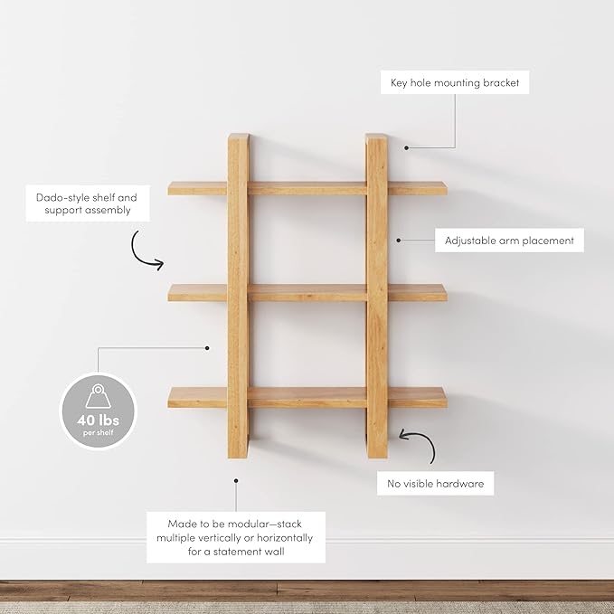 Nathan James Floating Wall Book Shelves, 3-Tier Display Shelf, Decorative Modular Shelf in Solid Wood for Bedroom, Nursery, Bathroom or Kitchen, Set of 2 - LeafyLoom