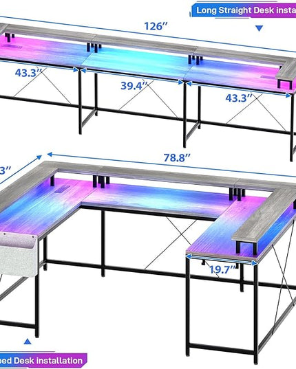 U Shaped Computer Gaming Desk, Reversible L Shaped Desk with Power Outlets, LED Strip & Monitor Stand, Large Corner Desk with Storage Shelves for Home Office, Grey Oak - LeafyLoom