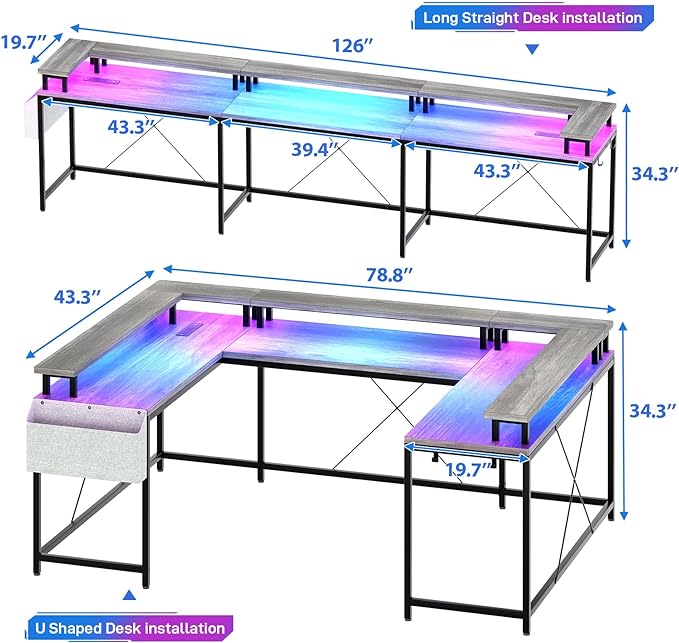 U Shaped Computer Gaming Desk, Reversible L Shaped Desk with Power Outlets, LED Strip & Monitor Stand, Large Corner Desk with Storage Shelves for Home Office, Grey Oak - LeafyLoom