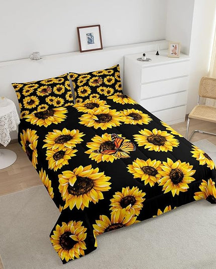 Feelyou Sunflower Bedding Set Girls Yellow Floral Butterfly Comforter Chic Flowers Pattern Comforter Set for Kids Teens Botanical Nature Duvet Set Ultra Soft Room Decor Twin Size - LeafyLoom