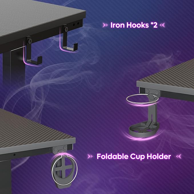 Bestier Small Gaming Desk with Monitor Stand, 42 inch LED Computer Desk, Gamer Workstation with Cup Holder & Headset Hooks, Modern Simple Style Desk for Home Office, Carbon Fiber Black - LeafyLoom