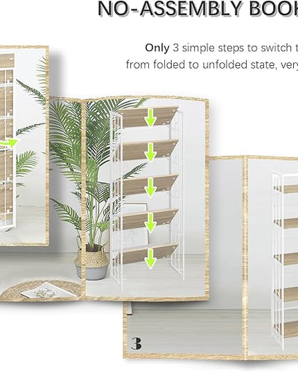 4NM No-Assembly 5 Tiers Folding Bookshelf Storage Shelves Vintage Bookcase Standing Racks Study Organizer Home Office - Natural and White - LeafyLoom