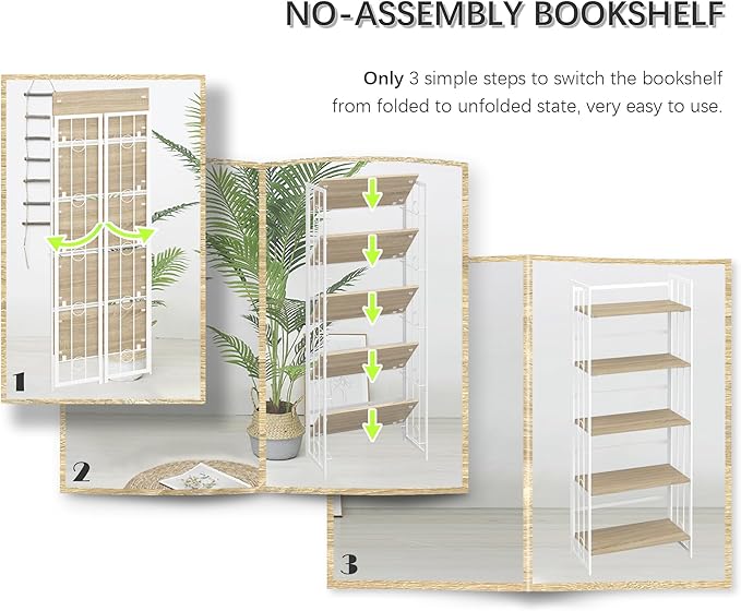 4NM No-Assembly 5 Tiers Folding Bookshelf Storage Shelves Vintage Bookcase Standing Racks Study Organizer Home Office - Natural and White - LeafyLoom