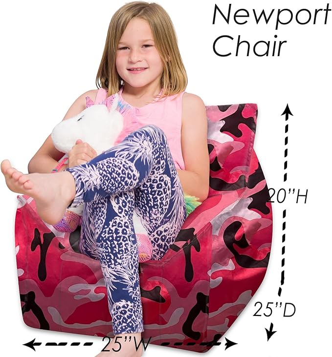 Posh Creations Structured Comfy Bean Bag Chair for Gaming, Reading and Watching TV, Newport Chair, Nylon - Camo Pink and Black - LeafyLoom