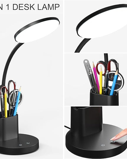 Desk Lamp, LED Desk Lamp for Home Office, Touch Table Lamp with 3 Color Modes 360° Adjustable Arm, Dimmable Desk Light with Pen Phone Holder, Black - LeafyLoom