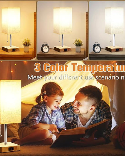 Bedside Table Lamp for Bedroom Nightstand, 3 Color Nightstand Lamps Set of 2 with AC Outlets, Square Pull Chain Bedside Lamp for Living Room, Office Desk, LED Bulb Included - LeafyLoom