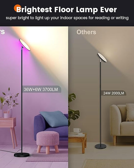 UFO Torchiere Floor Lamps,42W 3700LM Bright Torchiere Sky Modern LED Lamps,Tall Standing Pole Light with Remote,5 Color Dimmable,85% Energy Saving,Memory & Timer,for Living Room,Bedroom(Black) - LeafyLoom
