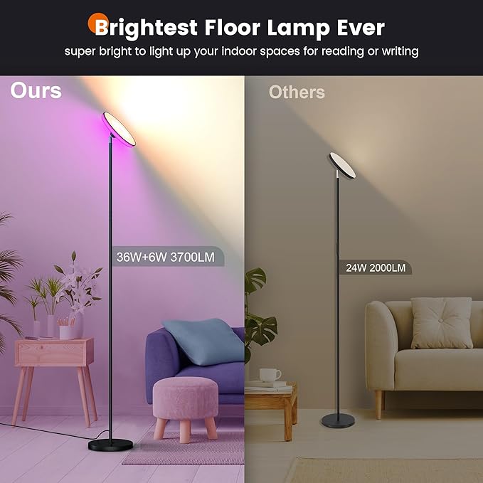 UFO Torchiere Floor Lamps,42W 3700LM Bright Torchiere Sky Modern LED Lamps,Tall Standing Pole Light with Remote,5 Color Dimmable,85% Energy Saving,Memory & Timer,for Living Room,Bedroom(Black) - LeafyLoom