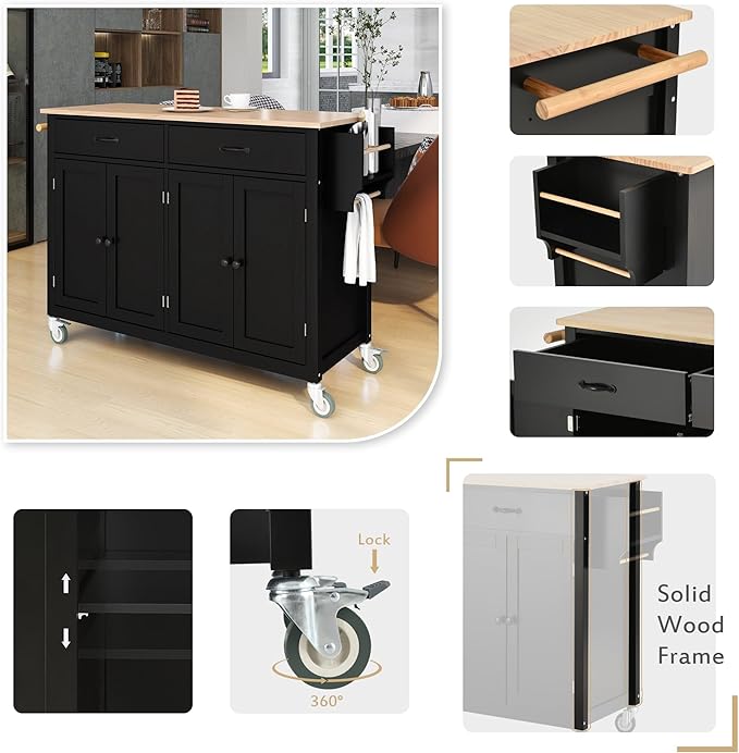 Kitchen Island with Storage, Rolling Table on Wheels w/ 4 Door Cabinet and 2 Drawers,Spice Rack, Towel Rack for Dinning Room - LeafyLoom