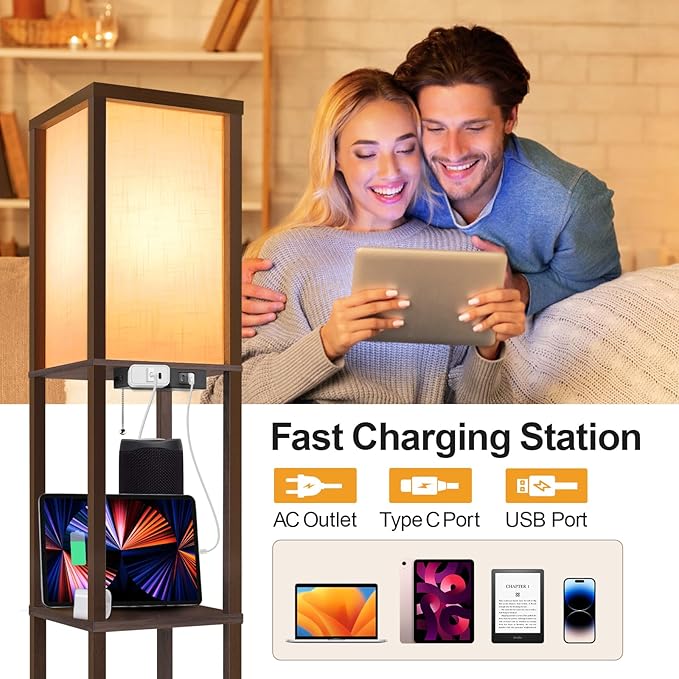 OUTON Floor Lamp with Shelves, LED Shelf Floor Lamp with USB & Type C Ports, 1 AC Outlet, 3 Color Temperature, Storage Display Wood Column Tall Standing Lamp for Living Room, Bedroom Office, Walnut - LeafyLoom