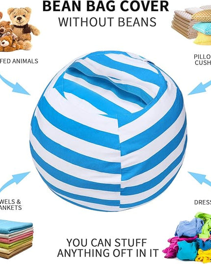2 PCS Stuffed Animal Storage Bean Bag Chair Cover, Cotton Canvas Beanbag with Zipper for Organizing Kid's and Adults Room Blue 24" - LeafyLoom