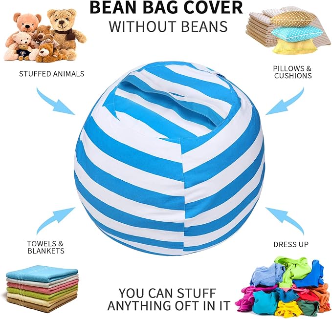 2 PCS Stuffed Animal Storage Bean Bag Chair Cover, Cotton Canvas Beanbag with Zipper for Organizing Kid's and Adults Room Blue 24" - LeafyLoom