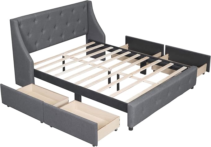 Queen Size Bed Frame with 4 Storage Drawers & Tufted Headboard Linen Upholstered Platform Bed Frame Wingback Beds with Sturdy Wooden Slats Support, Easy Assembly, Noise-Free - LeafyLoom