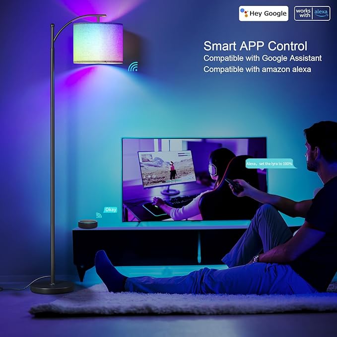 SUNMORY ARC Floor lamp, Smart APP Remote Control Standing floor lamp with RGB Bulb, Tall Lamp with Hanging Lampshade, Dimmable Floor Lamp, Modern Floor Lamps for Living Room, Bedroom, Office - LeafyLoom