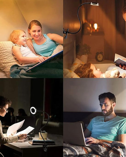 Foneso Desk Lamp Clip on Light, 48 LED USB Lamp with 3 Color Modes 10 Brightness Levels, 360° Flexible Gooseneck Eye Protection Bed Night Light for Reading, Makeup, Fill Light (Black) - LeafyLoom