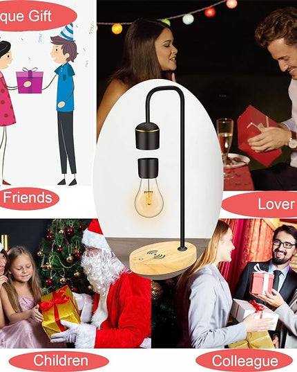 Magnetic Levitating Light Bulb Levitation Real Wood Black Floating Desk Lamp LED Night Lights with Luxury Wireless Charging Pad (Apple/Android) for Christmas Gift - LeafyLoom