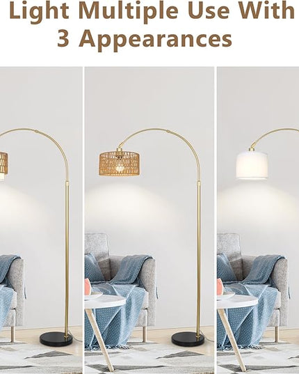 Arc Floor Lamp for bedroom with Rattan & Linen Shades, Gold Floor Lamp with Remote & Dimming Bulb, Rustic Standing Lamp with 3 Color Temperatures, Adjustable Height Farmhouse Tall Lamp for Living Room - LeafyLoom