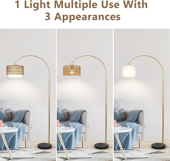 Arc Floor Lamp for bedroom with Rattan & Linen Shades, Gold Floor Lamp with Remote & Dimming Bulb, Rustic Standing Lamp with 3 Color Temperatures, Adjustable Height Farmhouse Tall Lamp for Living Room - LeafyLoom