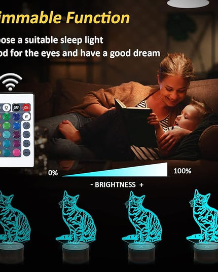 Cat Pet Gifts for Kids Girls,3D Illusion LED Cat Lamp Night Light with Remote Control 16 Colors Changing Decoration Bedside Lamps - LeafyLoom