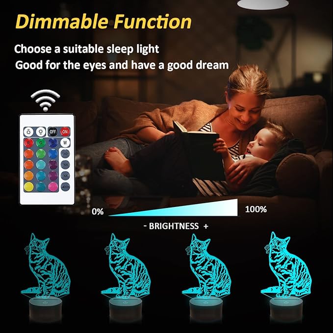 Cat Pet Gifts for Kids Girls,3D Illusion LED Cat Lamp Night Light with Remote Control 16 Colors Changing Decoration Bedside Lamps - LeafyLoom