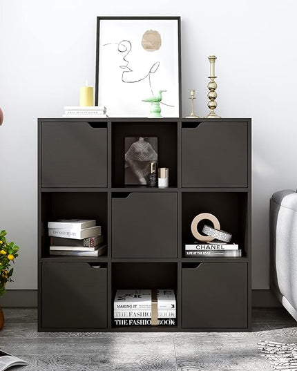 9-Cube Storage Shelf Bookcase - Wooden 3-Tier Floor Standing Open Bookshelf with Doors for Home and Office, Display Cabinet, Black - LeafyLoom